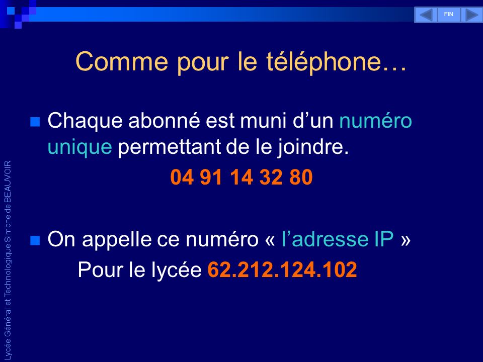 Lycée Général et Technologique Simone de BEAUVOIR Comme pour le téléphone… Chaque abonné est muni dun numéro unique permettant de le joindre.