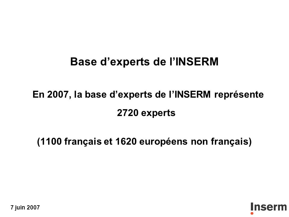 7 juin 2007 Base dexperts de lINSERM En 2007, la base dexperts de lINSERM représente 2720 experts (1100 français et 1620 européens non français)