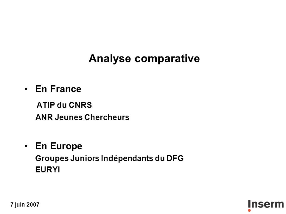 7 juin 2007 Analyse comparative En France ATIP du CNRS ANR Jeunes Chercheurs En Europe Groupes Juniors Indépendants du DFG EURYI