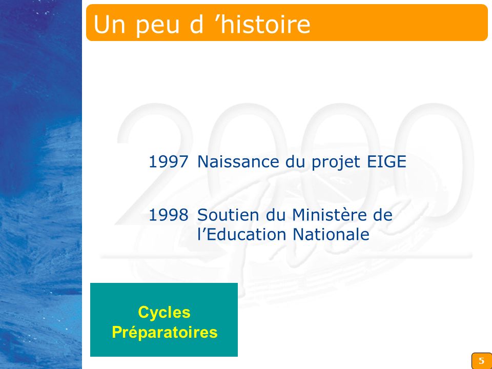 5 1997Naissance du projet EIGE 1998Soutien du Ministère de lEducation Nationale Un peu d histoire Cycles Préparatoires