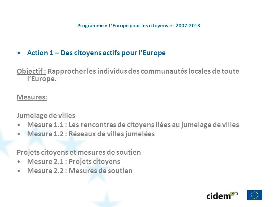 Programme « LEurope pour les citoyens » Action 1 – Des citoyens actifs pour lEurope Objectif : Rapprocher les individus des communautés locales de toute lEurope.