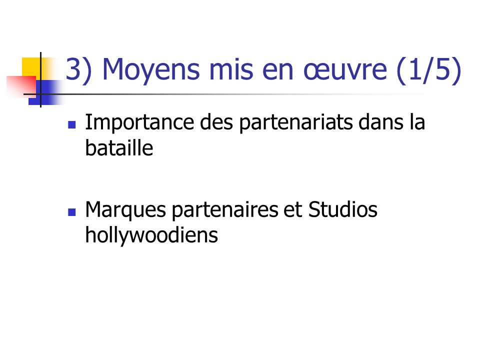 3) Moyens mis en œuvre (1/5) Importance des partenariats dans la bataille Marques partenaires et Studios hollywoodiens