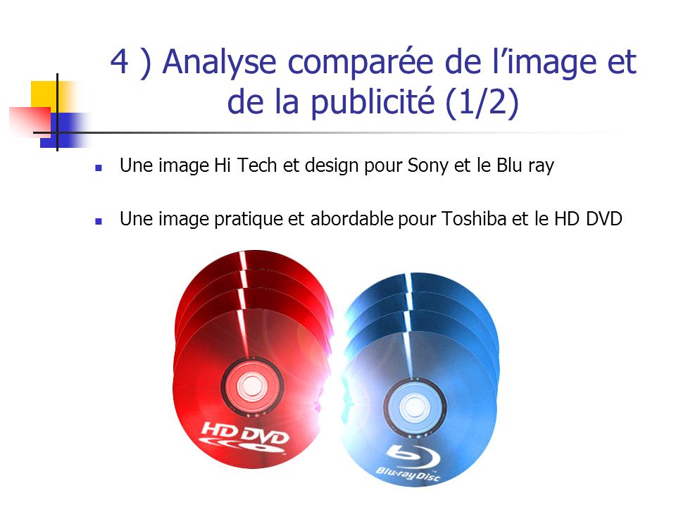 4 ) Analyse comparée de limage et de la publicité (1/2) Une image Hi Tech et design pour Sony et le Blu ray Une image pratique et abordable pour Toshiba et le HD DVD