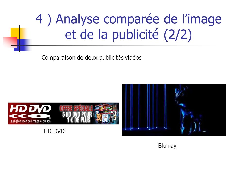 4 ) Analyse comparée de limage et de la publicité (2/2) Comparaison de deux publicités vidéos HD DVD Blu ray