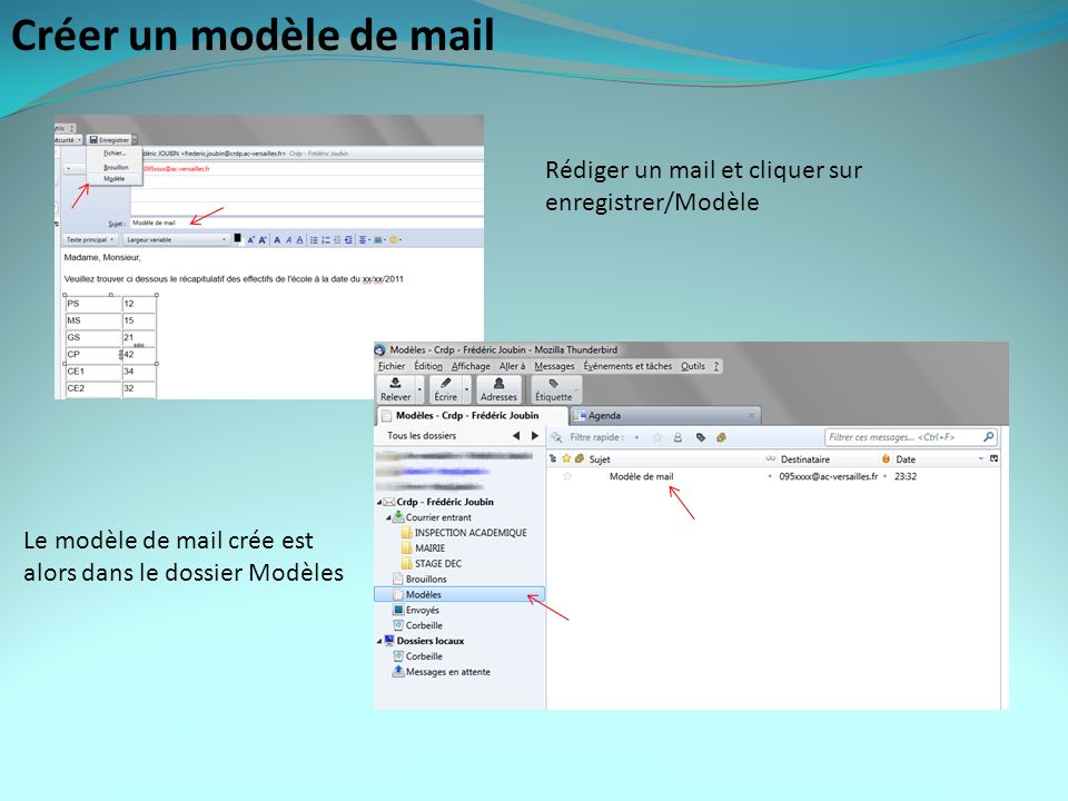 Créer un modèle de mail Rédiger un mail et cliquer sur enregistrer/Modèle Le modèle de mail crée est alors dans le dossier Modèles