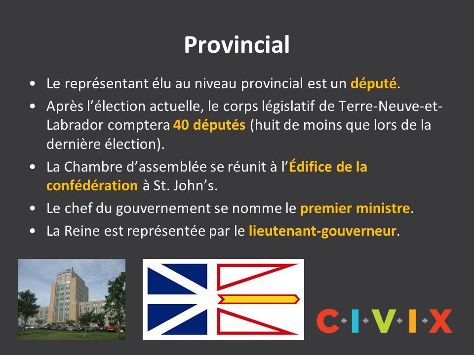 Provincial Le représentant élu au niveau provincial est un député.