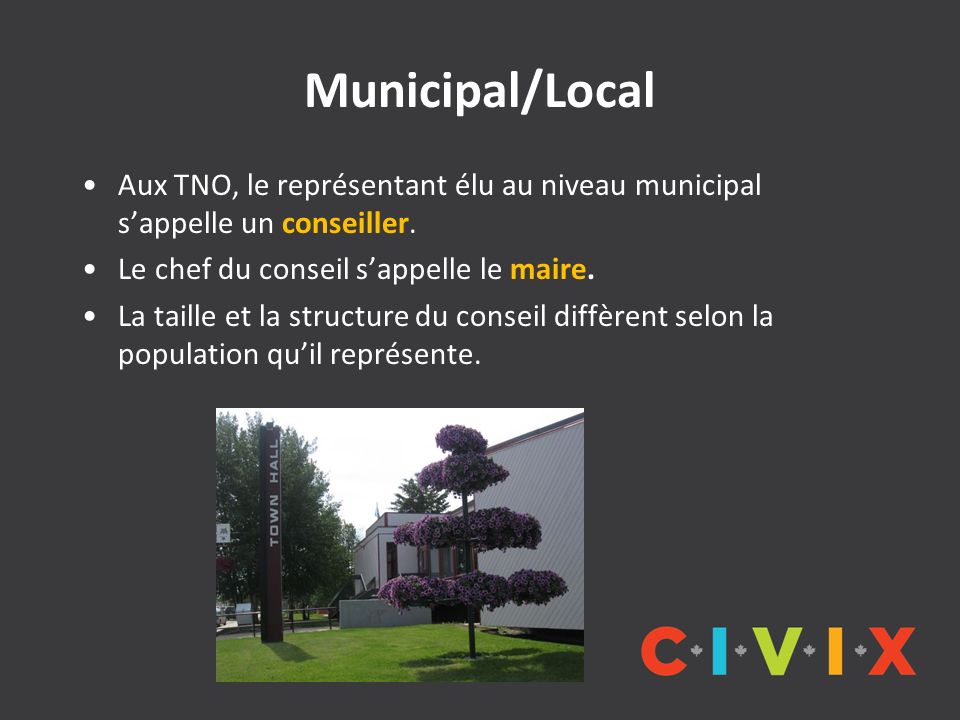 Municipal/Local Aux TNO, le représentant élu au niveau municipal s’appelle un conseiller.