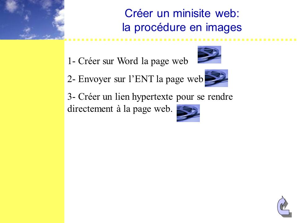 Créer un minisite web: la procédure en images 1- Créer sur Word la page web 2- Envoyer sur lENT la page web 3- Créer un lien hypertexte pour se rendre directement à la page web.
