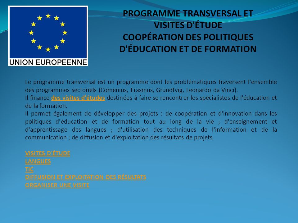 Le programme transversal est un programme dont les problématiques traversent l ensemble des programmes sectoriels (Comenius, Erasmus, Grundtvig, Leonardo da Vinci).