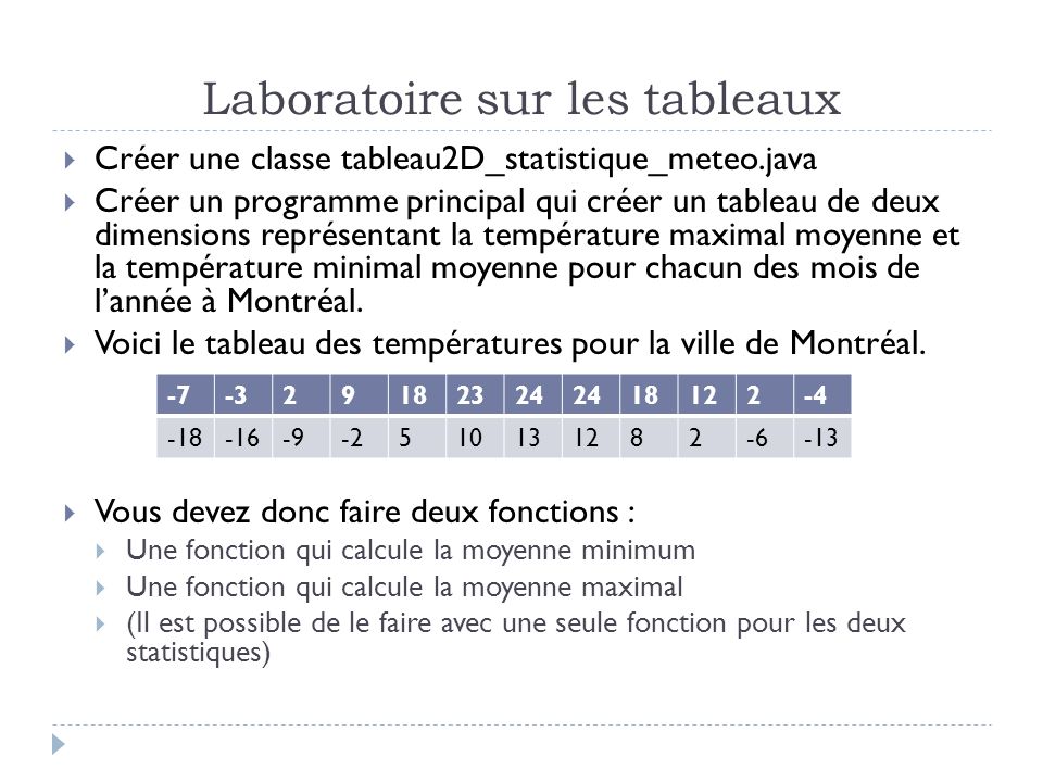 Laboratoire sur les tableaux Créer une classe tableau2D_statistique_meteo.java Créer un programme principal qui créer un tableau de deux dimensions représentant la température maximal moyenne et la température minimal moyenne pour chacun des mois de lannée à Montréal.