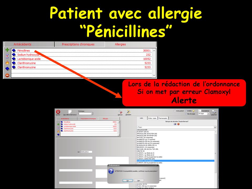 Patient avec allergie Pénicillines Lors de la rédaction de lordonnance Si on met par erreur Clamoxyl Alerte