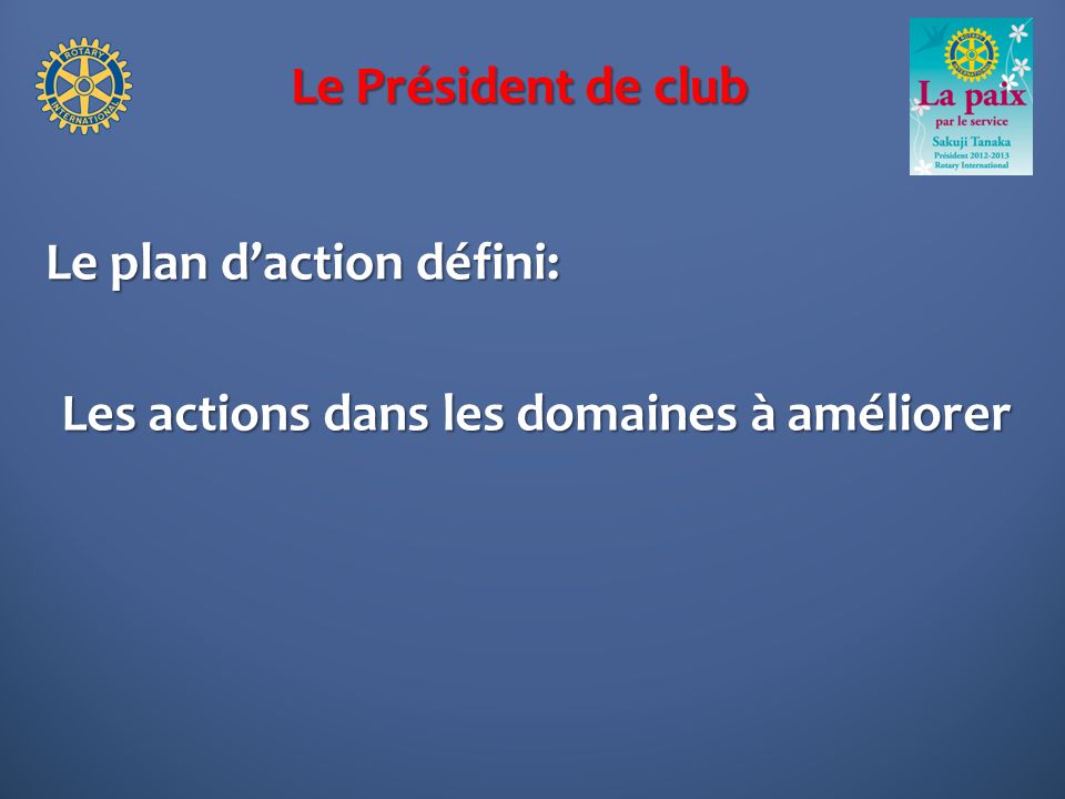 Le Président de club Le plan daction défini: Les actions dans les domaines à améliorer