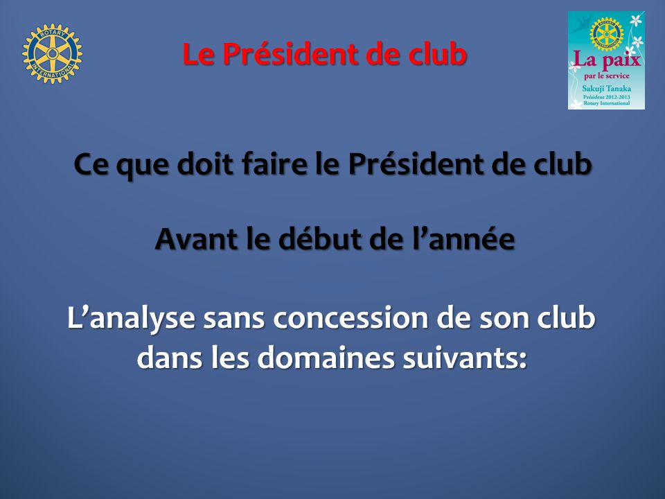 Le Président de club Ce que doit faire le Président de club Lanalyse sans concession de son club dans les domaines suivants: Avant le début de lannée
