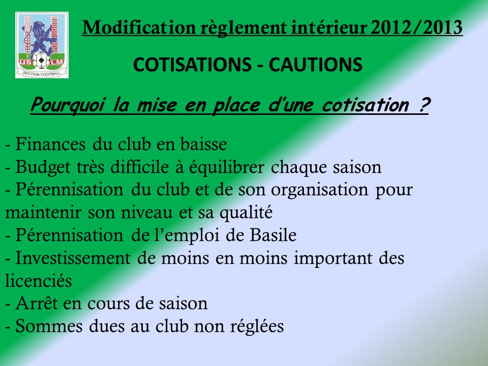 Modification règlement intérieur 2012/2013 Pourquoi la mise en place dune cotisation .