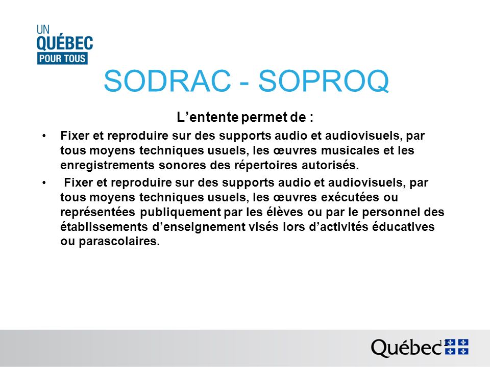 SODRAC - SOPROQ Lentente permet de : Fixer et reproduire sur des supports audio et audiovisuels, par tous moyens techniques usuels, les œuvres musicales et les enregistrements sonores des répertoires autorisés.