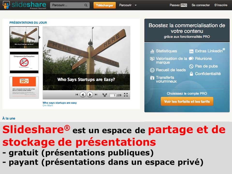 Slideshare ® est un espace de partage et de stockage de présentations - gratuit (présentations publiques) - payant (présentations dans un espace privé)