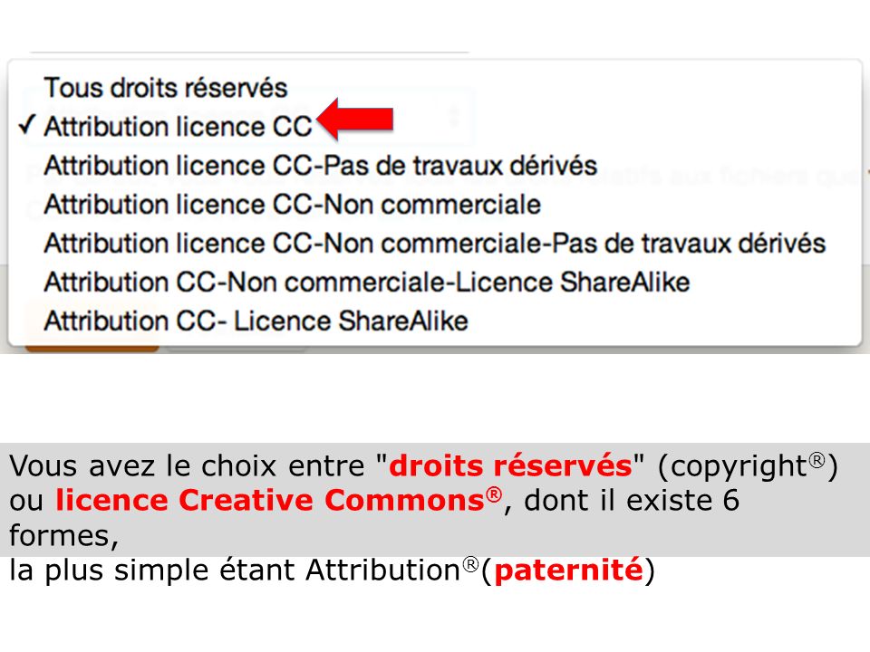 Vous avez le choix entre droits réservés (copyright ® ) ou licence Creative Commons ®, dont il existe 6 formes, la plus simple étant Attribution ® (paternité)