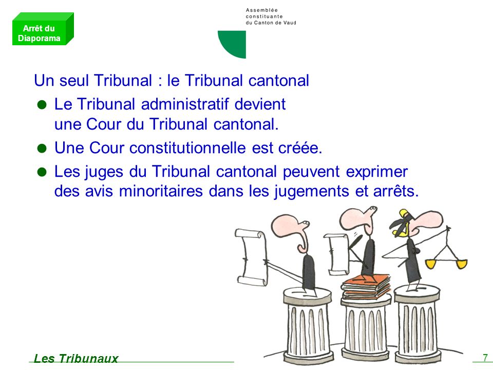 7 Les Tribunaux Un seul Tribunal : le Tribunal cantonal Le Tribunal administratif devient une Cour du Tribunal cantonal.