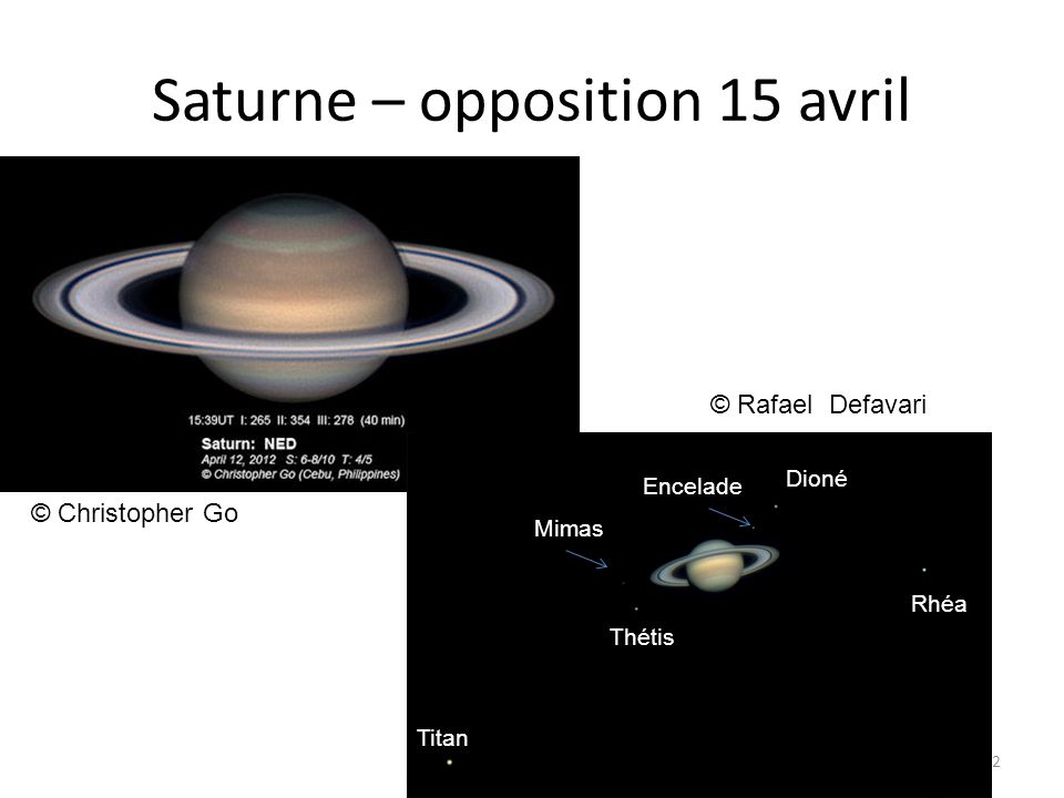 Saturne – opposition 15 avril 22 © Rafael Defavari © Christopher Go Titan Mimas Thétis Encelade Dioné Rhéa
