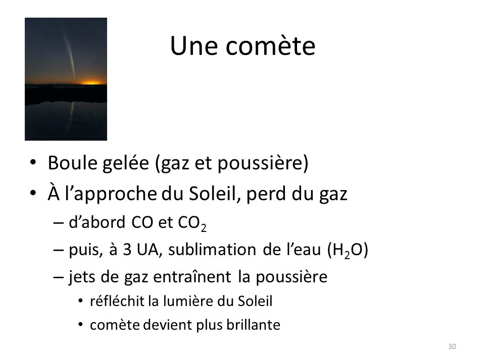 Une comète Boule gelée (gaz et poussière) À lapproche du Soleil, perd du gaz – dabord CO et CO 2 – puis, à 3 UA, sublimation de leau (H 2 O) – jets de gaz entraînent la poussière réfléchit la lumière du Soleil comète devient plus brillante 30