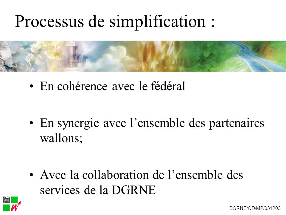Processus de simplification : En cohérence avec le fédéral En synergie avec lensemble des partenaires wallons; Avec la collaboration de lensemble des services de la DGRNE DGRNE/CD/MP/031203