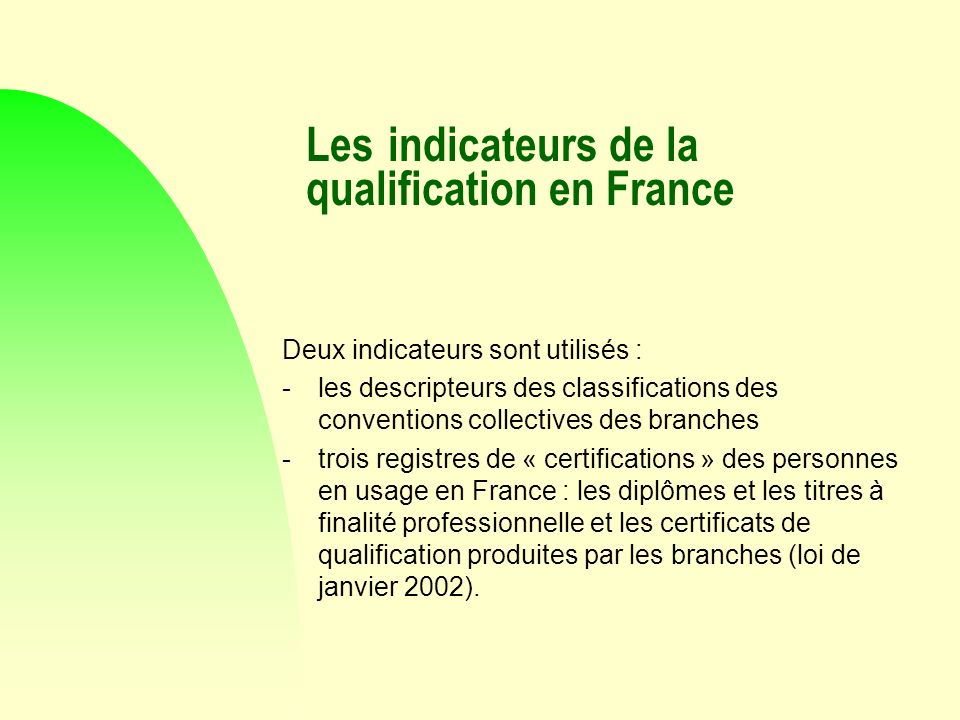 Les indicateurs de la qualification en France Deux indicateurs sont utilisés : - les descripteurs des classifications des conventions collectives des branches - trois registres de « certifications » des personnes en usage en France : les diplômes et les titres à finalité professionnelle et les certificats de qualification produites par les branches (loi de janvier 2002).
