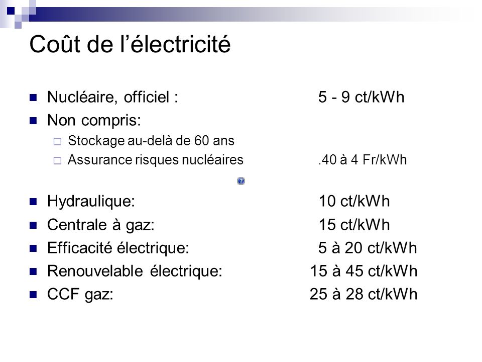 Coût de lélectricité Nucléaire, officiel : ct/kWh Non compris: Stockage au-delà de 60 ans Assurance risques nucléaires.40 à 4 Fr/kWh Hydraulique:10 ct/kWh Centrale à gaz:15 ct/kWh Efficacité électrique:5 à 20 ct/kWh Renouvelable électrique: 15 à 45 ct/kWh CCF gaz: 25 à 28 ct/kWh