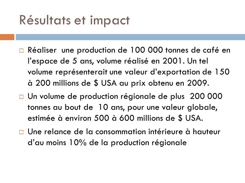 Résultats et impact Réaliser une production de tonnes de café en lespace de 5 ans, volume réalisé en 2001.