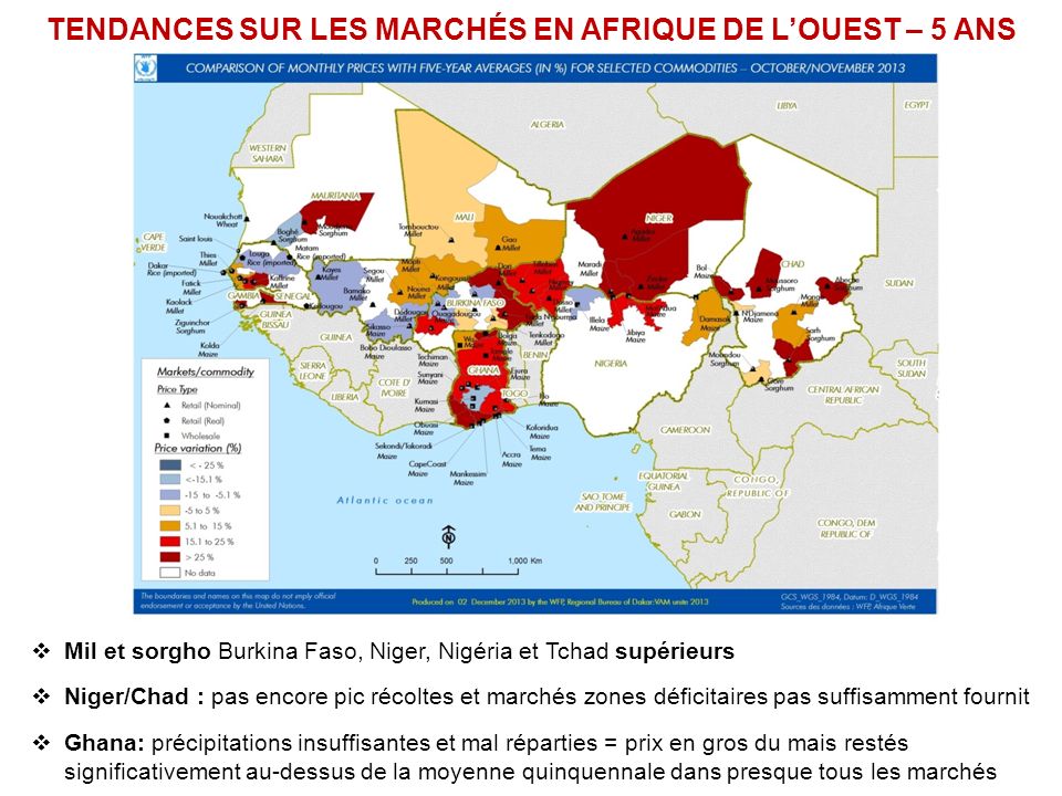 Mil et sorgho Burkina Faso, Niger, Nigéria et Tchad supérieurs Niger/Chad : pas encore pic récoltes et marchés zones déficitaires pas suffisamment fournit Ghana: précipitations insuffisantes et mal réparties = prix en gros du mais restés significativement au-dessus de la moyenne quinquennale dans presque tous les marchés TENDANCES SUR LES MARCHÉS EN AFRIQUE DE LOUEST – 5 ANS