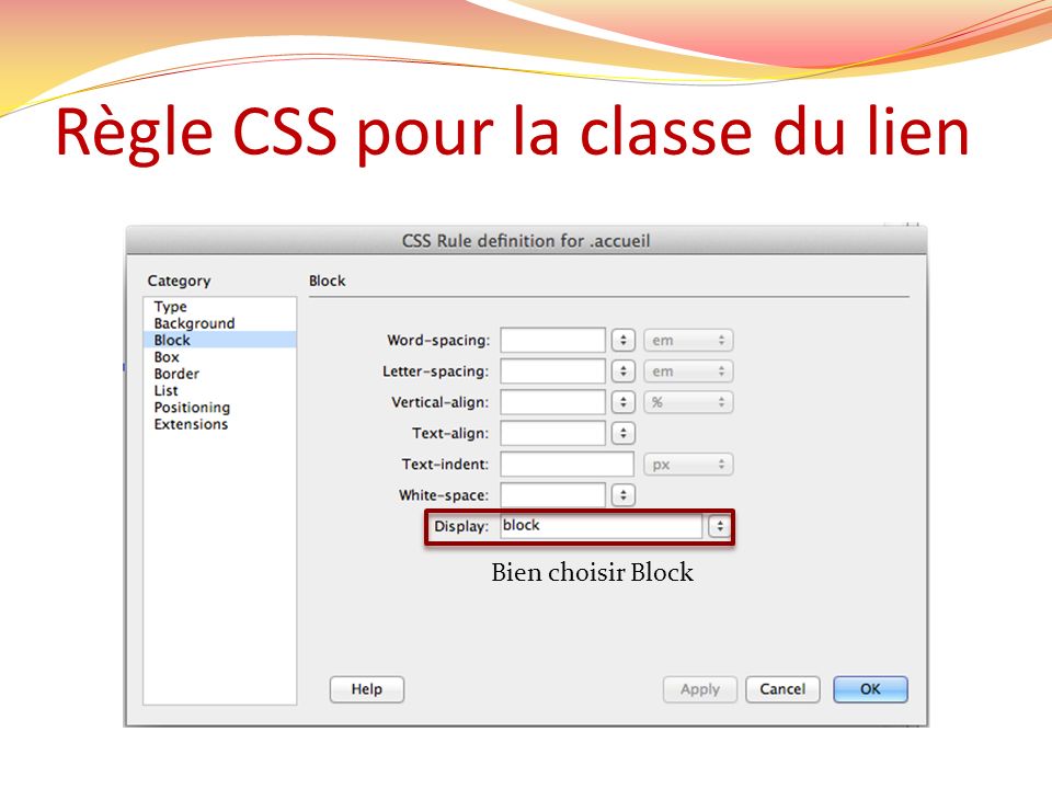 Règle CSS pour la classe du lien Bien choisir Block