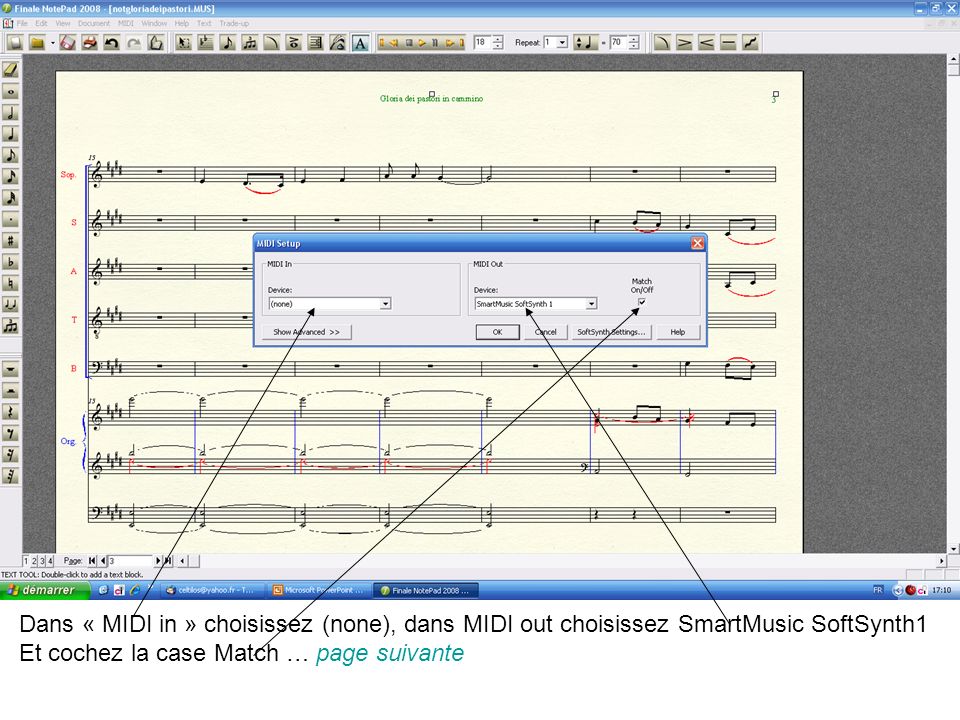 Dans « MIDI in » choisissez (none), dans MIDI out choisissez SmartMusic SoftSynth1 Et cochez la case Match … page suivante