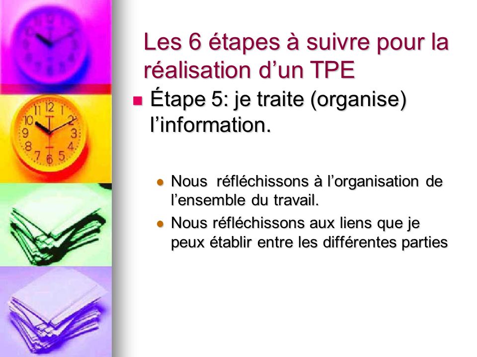 Les 6 étapes à suivre pour la réalisation dun TPE Étape 5: je traite (organise) linformation.