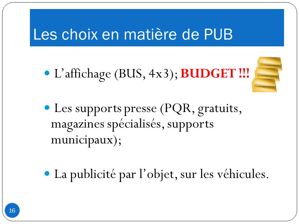 Les choix en matière de PUB Laffichage (BUS, 4x3); BUDGET !!.