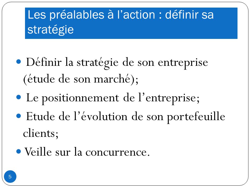 Les préalables à laction : définir sa stratégie Définir la stratégie de son entreprise (étude de son marché); Le positionnement de lentreprise; Etude de lévolution de son portefeuille clients; Veille sur la concurrence.