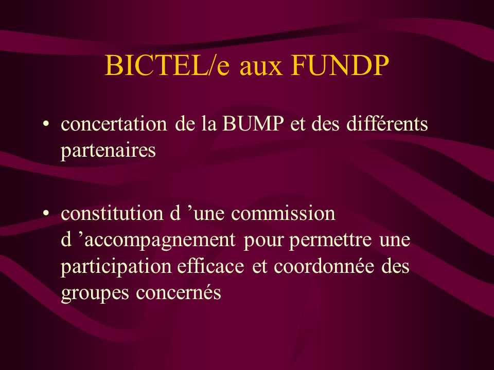BICTEL/e aux FUNDP concertation de la BUMP et des différents partenaires constitution d une commission d accompagnement pour permettre une participation efficace et coordonnée des groupes concernés