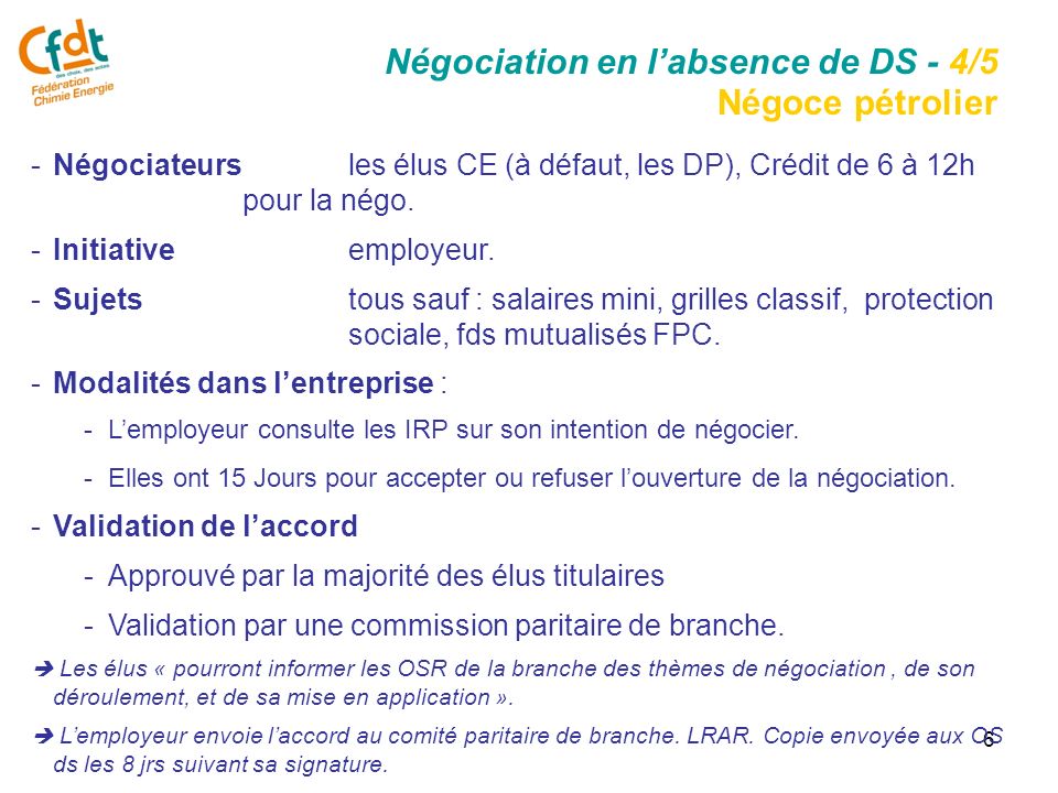 6 -Négociateurs les élus CE (à défaut, les DP), Crédit de 6 à 12h pour la négo.