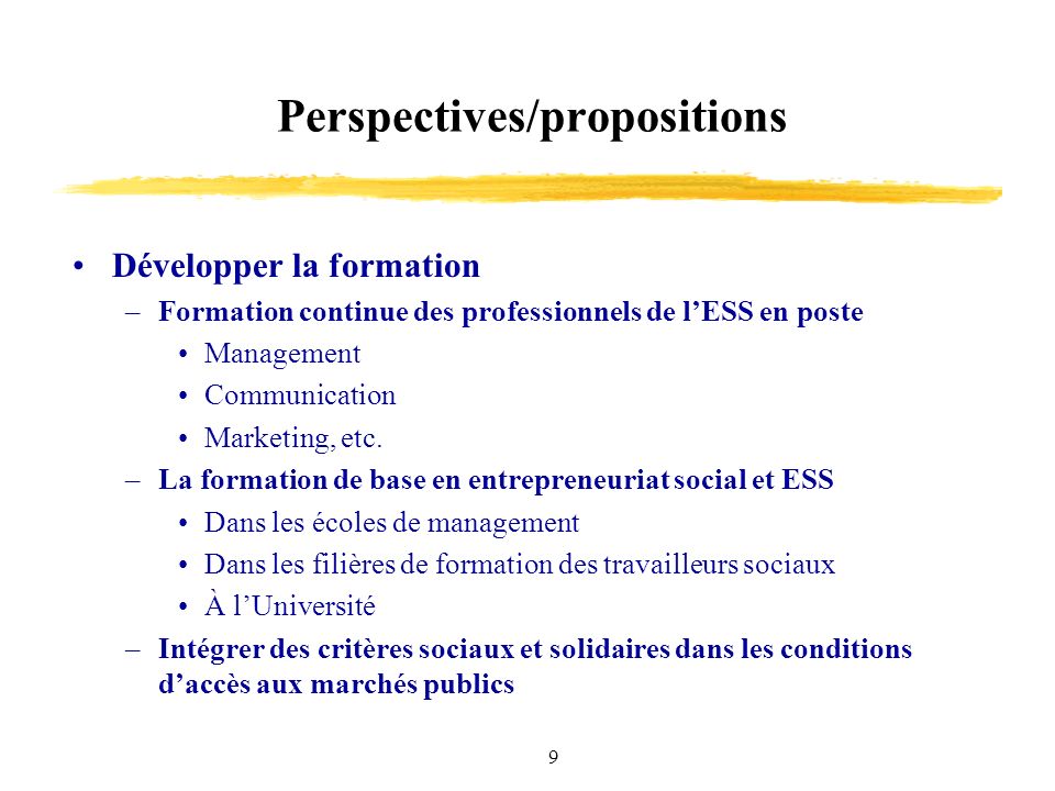 9 Perspectives/propositions Développer la formation –Formation continue des professionnels de lESS en poste Management Communication Marketing, etc.