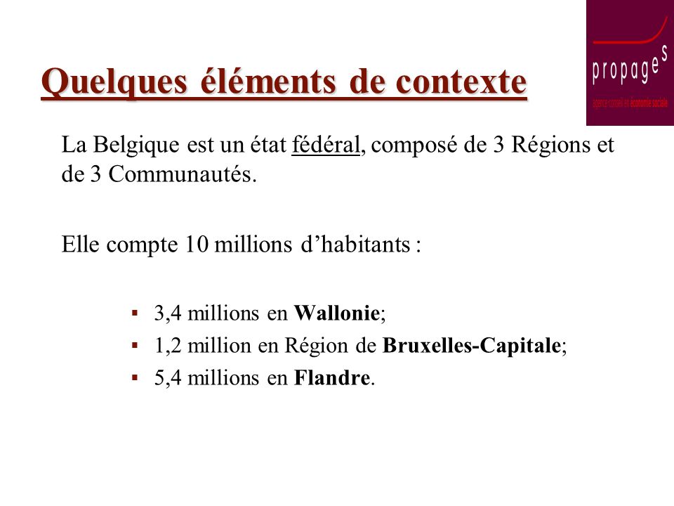 Quelques éléments de contexte La Belgique est un état fédéral, composé de 3 Régions et de 3 Communautés.