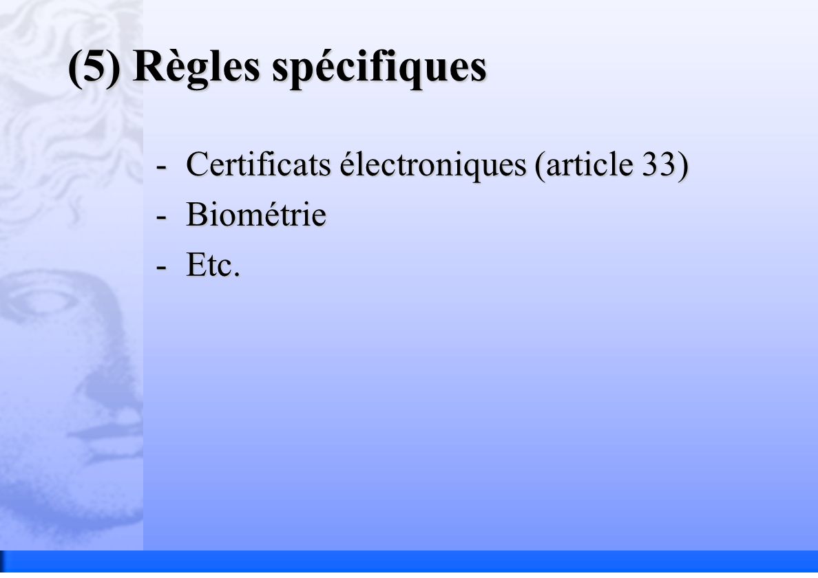 (5) Règles spécifiques -Certificats électroniques (article 33) -Biométrie -Etc.