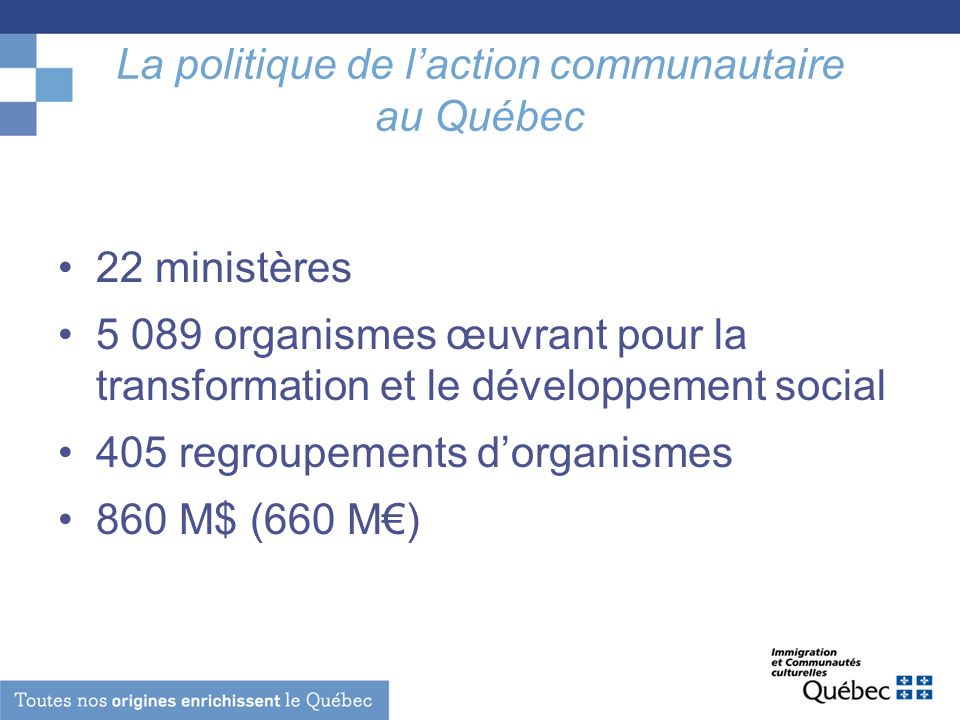 La politique de laction communautaire au Québec 22 ministères organismes œuvrant pour la transformation et le développement social 405 regroupements dorganismes 860 M$ (660 M)