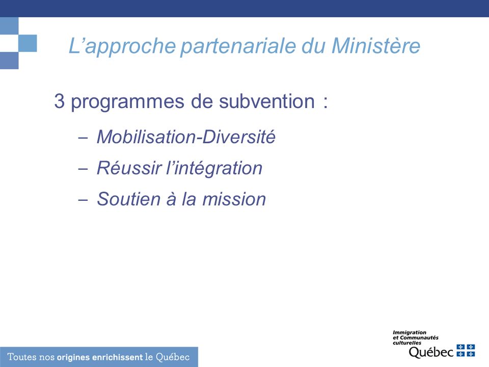 Lapproche partenariale du Ministère 3 programmes de subvention : – Mobilisation-Diversité – Réussir lintégration – Soutien à la mission