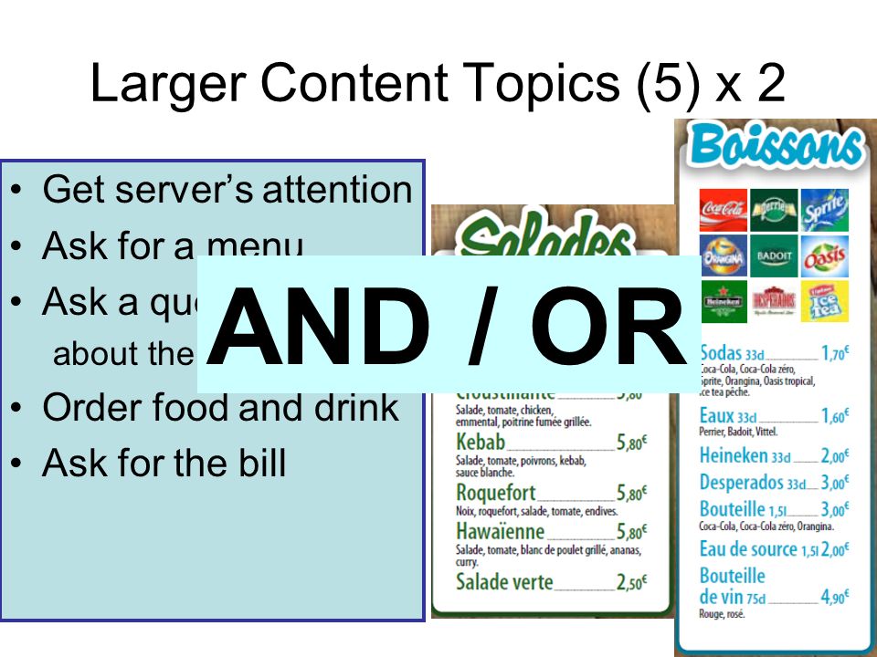 Get servers attention Ask for a menu Ask a question about the menu Order food and drink Ask for the bill Larger Content Topics (5) x 2 AND / OR