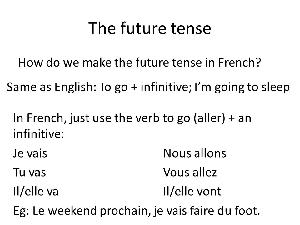The future tense How do we make the future tense in French.