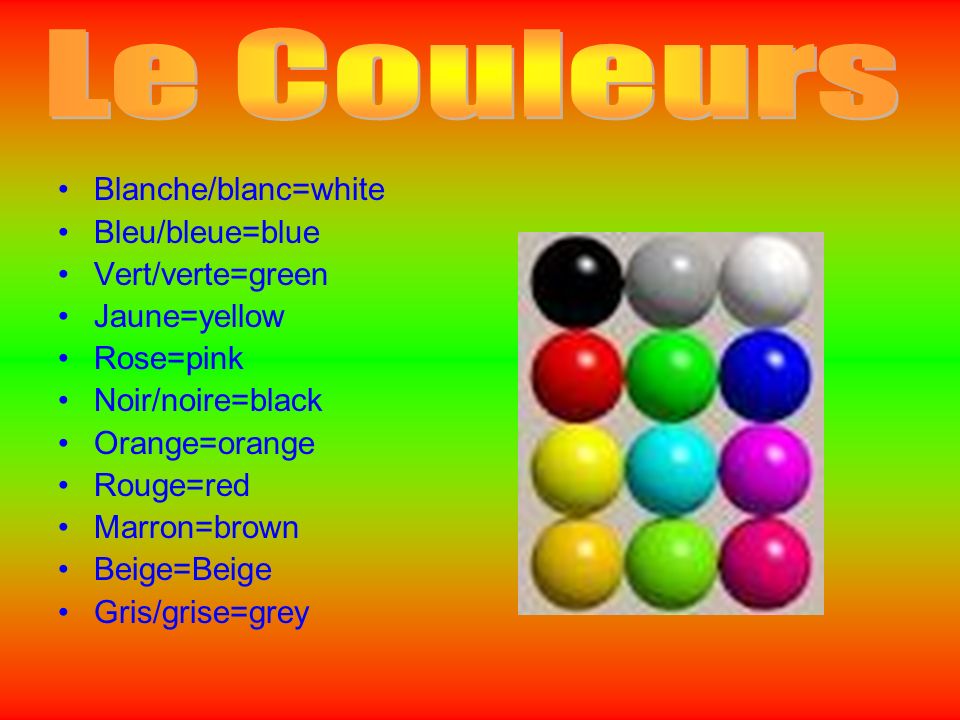Blanche/blanc=white Bleu/bleue=blue Vert/verte=green Jaune=yellow Rose=pink Noir/noire=black Orange=orange Rouge=red Marron=brown Beige=Beige Gris/grise=grey