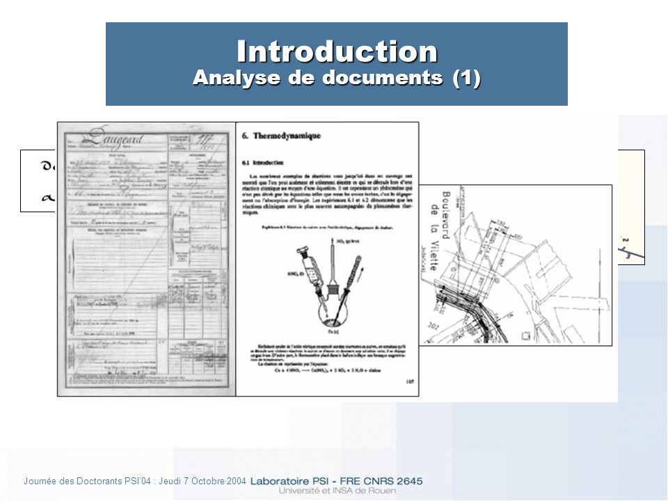 Journée des Doctorants PSI04 : Jeudi 7 Octobre 2004 Introduction Analyse de documents (1) Structuré Manuscrit Graphique