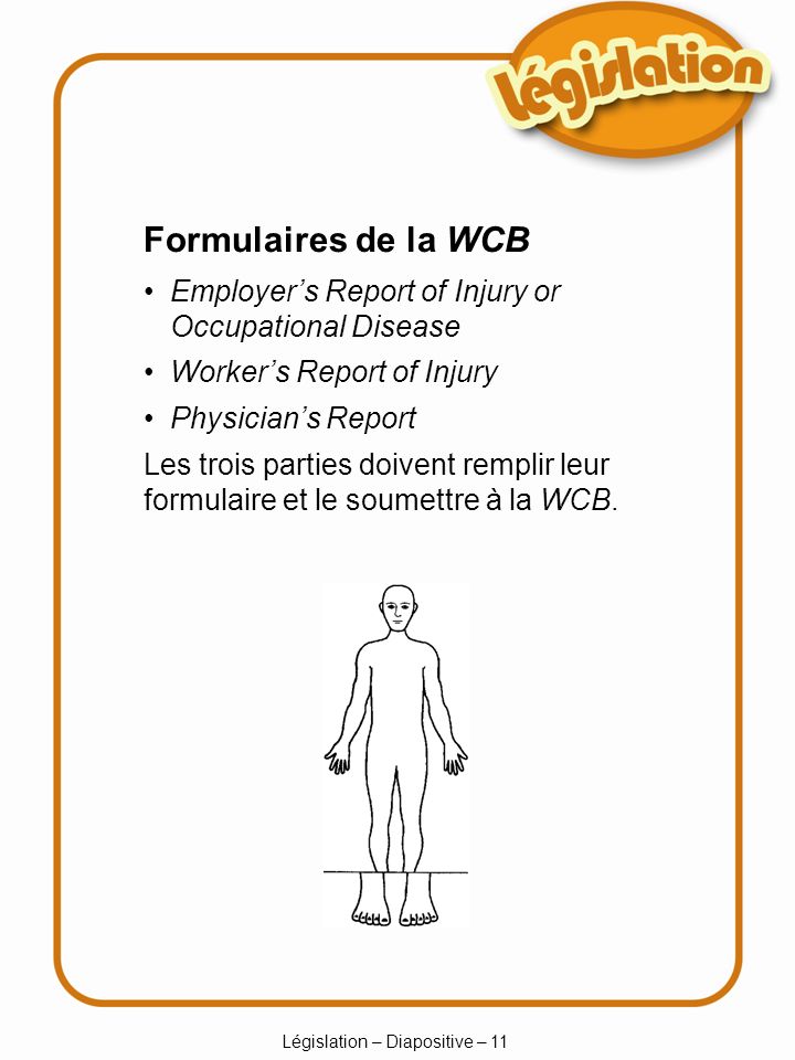 Législation – Diapositive – 11 Formulaires de la WCB Employers Report of Injury or Occupational Disease Workers Report of Injury Physicians Report Les trois parties doivent remplir leur formulaire et le soumettre à la WCB.