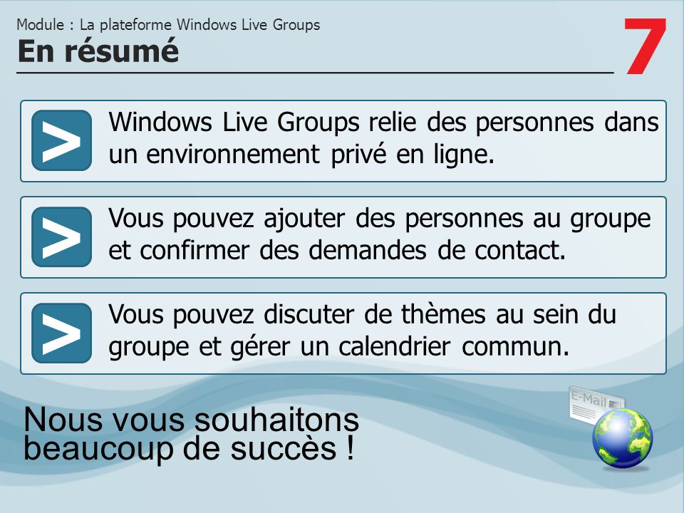 7 >>> Windows Live Groups relie des personnes dans un environnement privé en ligne.