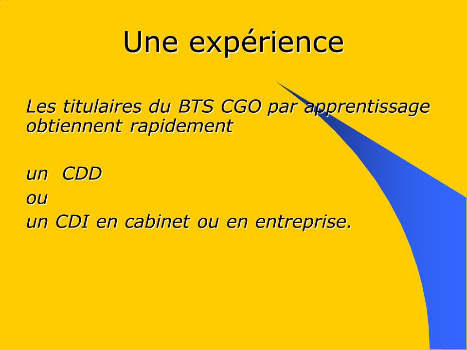 Une expérience Les titulaires du BTS CGO par apprentissage obtiennent rapidement un CDD ou un CDI en cabinet ou en entreprise.
