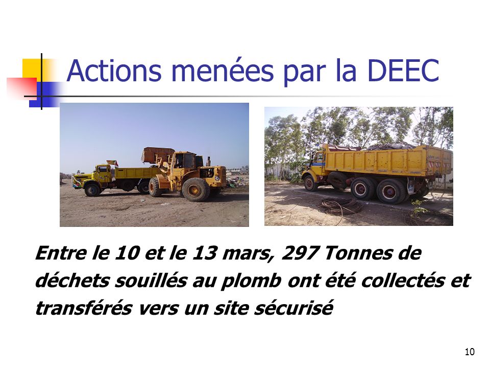 10 Actions menées par la DEEC Entre le 10 et le 13 mars, 297 Tonnes de déchets souillés au plomb ont été collectés et transférés vers un site sécurisé