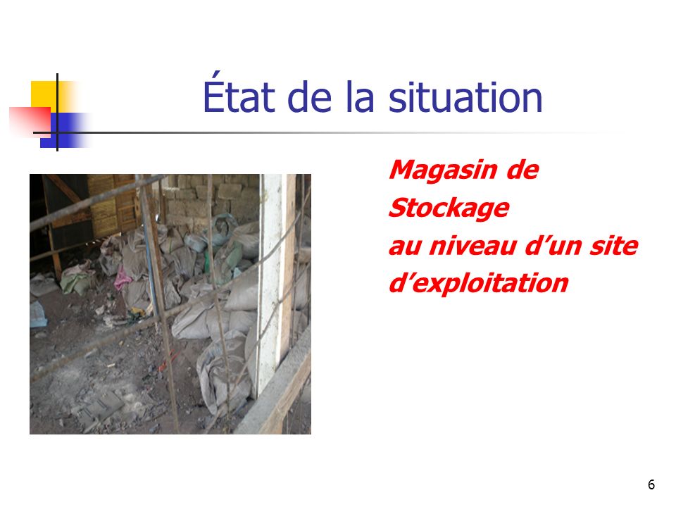 6 État de la situation Magasin de Stockage au niveau dun site dexploitation